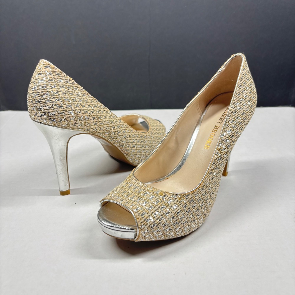 Audrey Brooke Womens 8 Gold Silver Metallic Glitter Peep Toe Stiletto Heels Prom